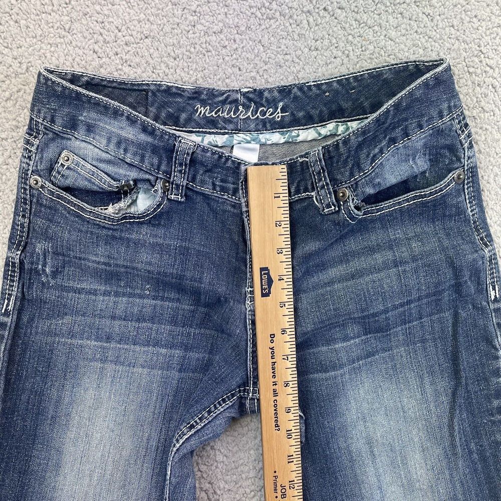 Maurices Women's 9/10 Dark Wash Distressed Stretch Denim Low Rise Bootcut Jeans - Picture 6 of 7